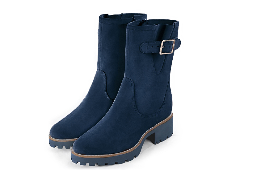 Navy blue women's ankle boots with buckles on the sides. Round toe. Low rubber soles. Front view - Florence KOOIJMAN